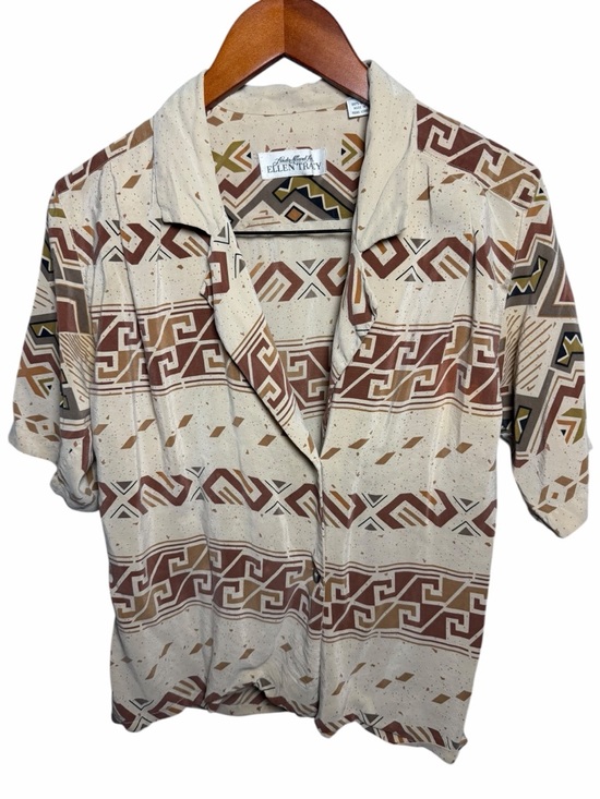 Linda Allard Ellen Tracy Tops - Ellen Tracy Cream & Brown Geometric Short-Sleeve Blouse 100% Silk